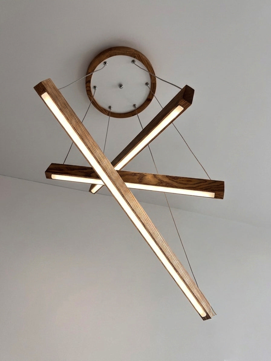 Linear two-bar wood LED pendant light over kitchen island — photo 11