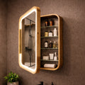 LED medicine cabinet with rounded wood frame open to show glass shelves in a bathroom