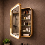 LED medicine cabinet with rounded wood frame open to show glass shelves in a bathroom
