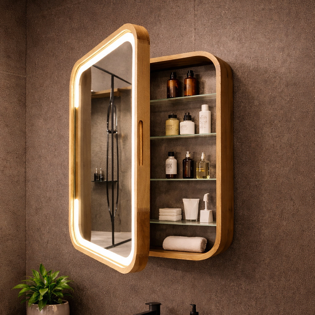 LED medicine cabinet with rounded wood frame open to show glass shelves in a bathroom