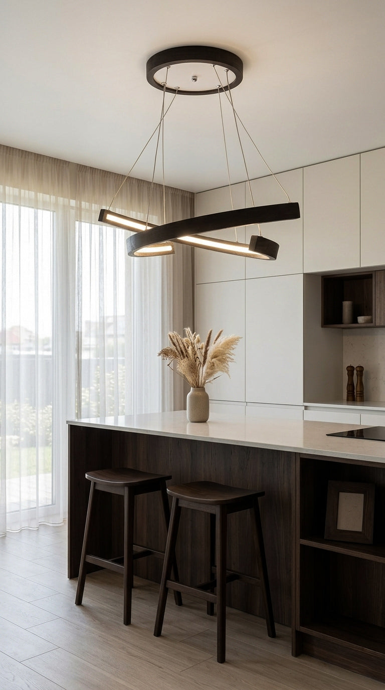 Black wood ring LED pendant light over dining table — photo 2