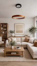 Oak ring LED pendant light with black canopy over kitchen island — photo 4