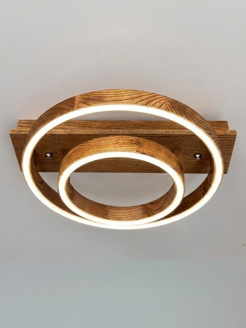 Wood LED ring ceiling light on wooden beam, flush mount — photo 7