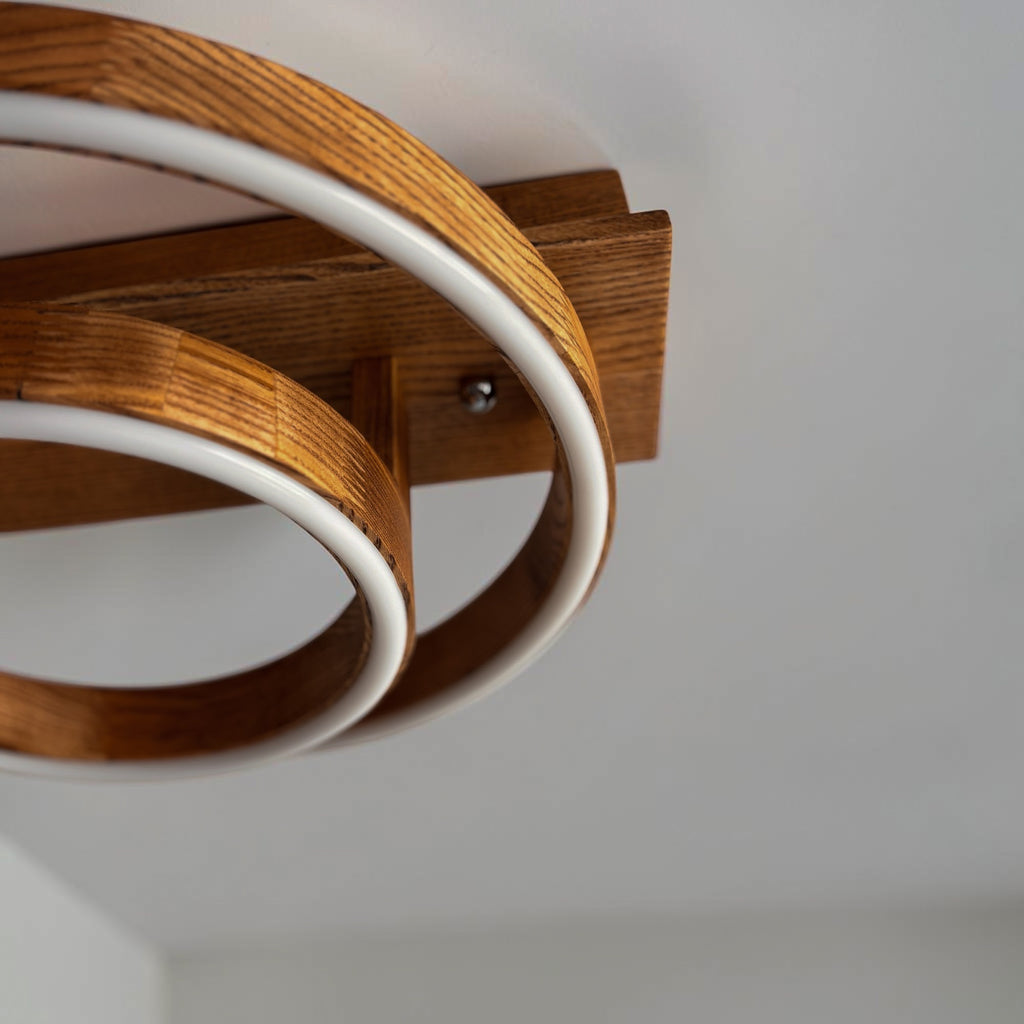Wood LED ring ceiling light on wooden beam, flush mount — photo 10