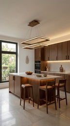 Two-tier rectangular wood LED pendant light over desk — photo 3