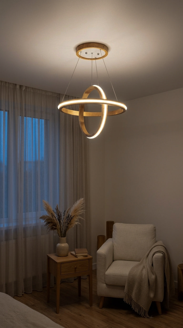 Two ring oak wood LED pendant light over kitchen island — photo 3