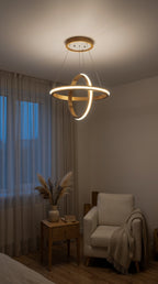 Two ring oak wood LED pendant light over kitchen island — photo 3