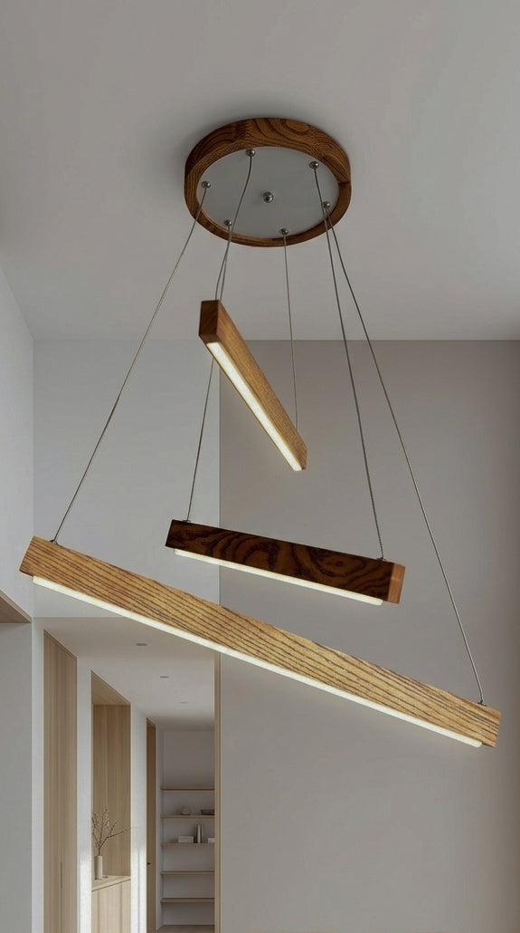 Linear two-bar wood LED pendant light over kitchen island