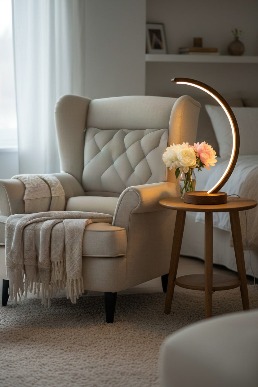Arc wood LED table lamp with touch dimmer on bedside table — photo 2