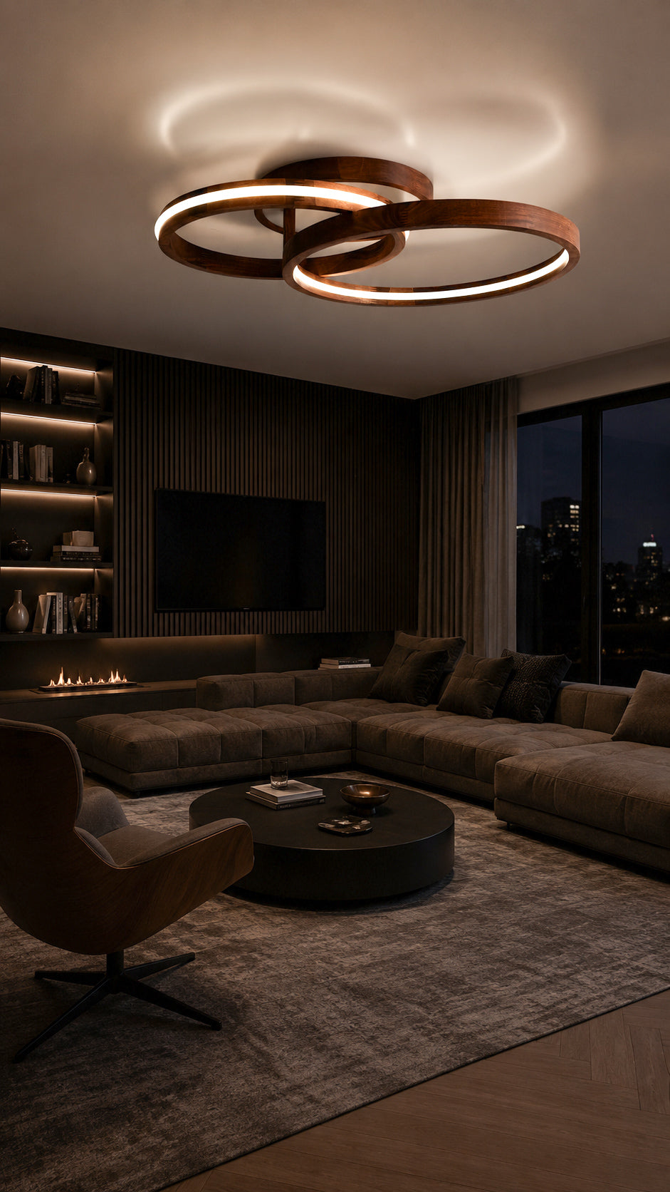 Double ring wood LED flush mount ceiling light, walnut