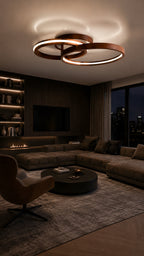 Double ring wood LED flush mount ceiling light, walnut