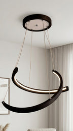 Black wood ring LED pendant light over dining table — photo 3