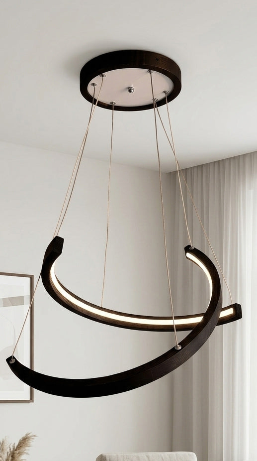 Black wood ring LED pendant light over dining table — photo 3
