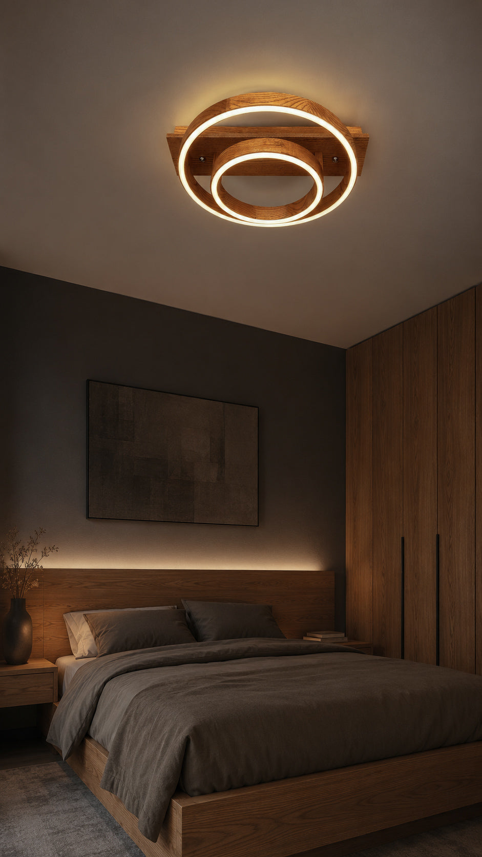 Wood LED ring ceiling light on wooden beam, flush mount — photo 9