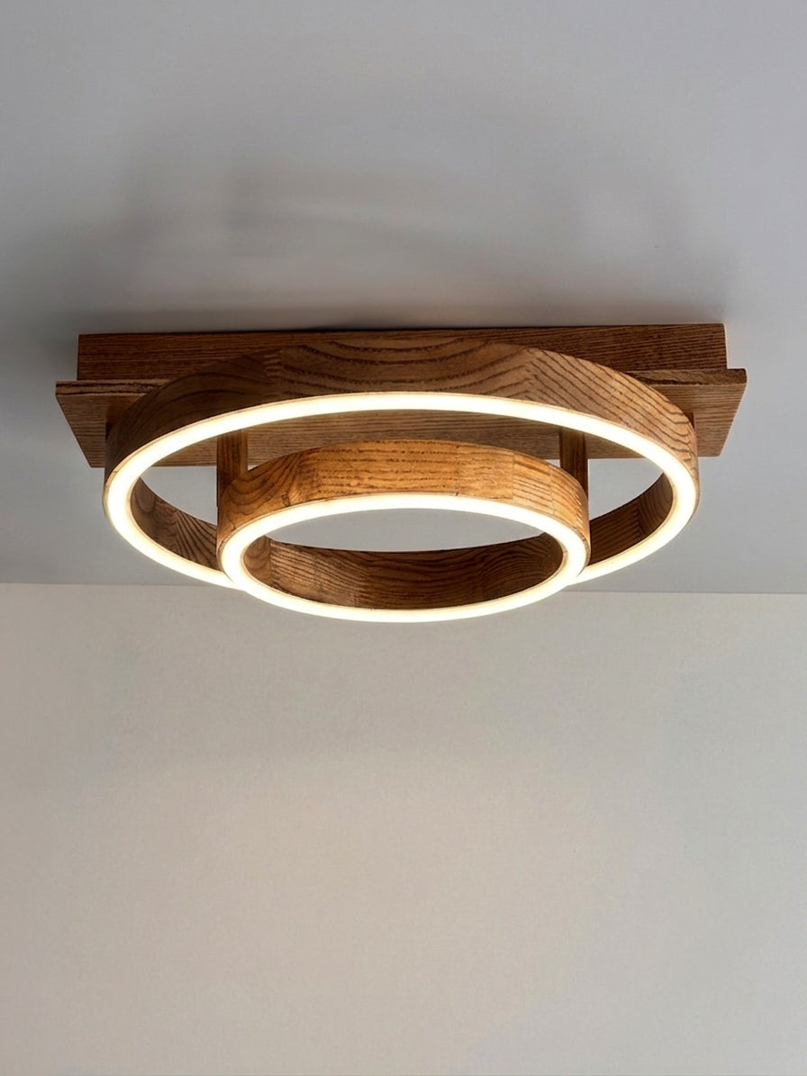 Wood LED ring ceiling light on wooden beam, flush mount — photo 2