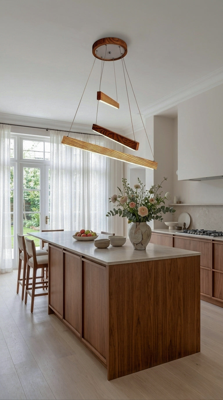 Linear two-bar wood LED pendant light over kitchen island — photo 2