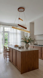 Linear two-bar wood LED pendant light over kitchen island — photo 2