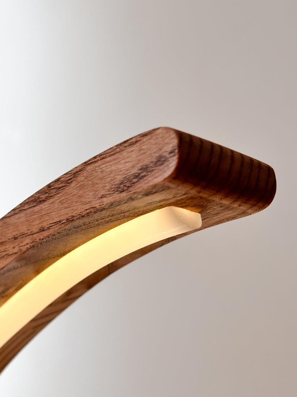 Arc wood LED table lamp with touch dimmer on bedside table — photo 11