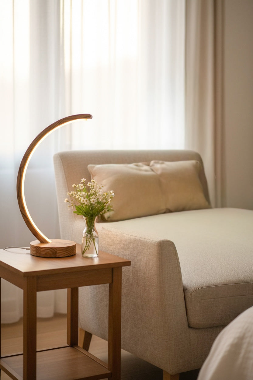 Arc wood LED table lamp with touch dimmer on bedside table — photo 5
