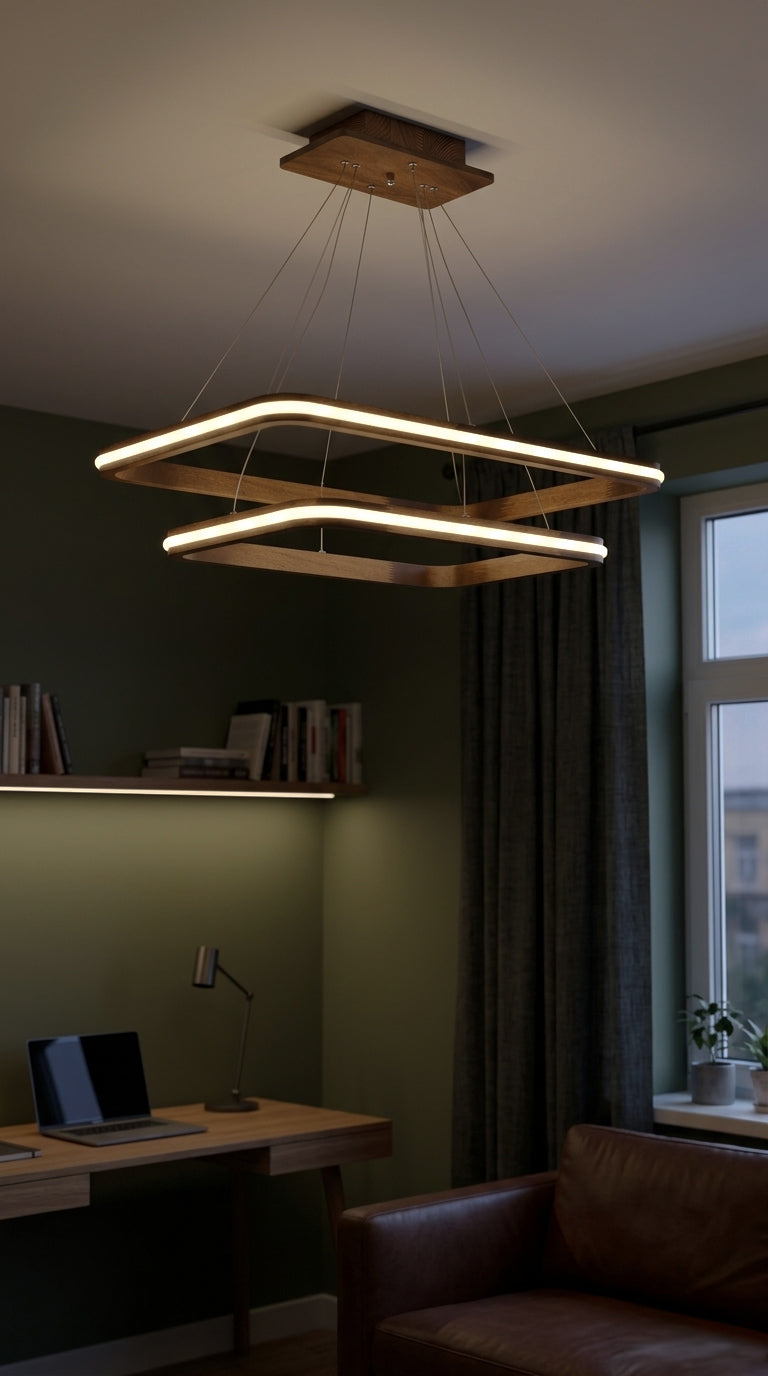Two-tier rectangular wood LED pendant light over desk