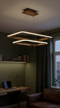 Two-tier rectangular wood LED pendant light over desk