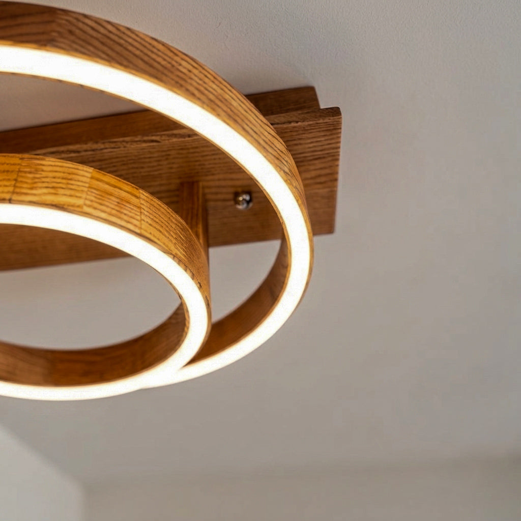 Wood LED ring ceiling light on wooden beam, flush mount