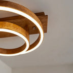 Wood LED ring ceiling light on wooden beam, flush mount