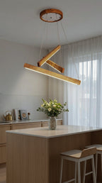 Linear two-bar wood LED pendant light over kitchen island — photo 4