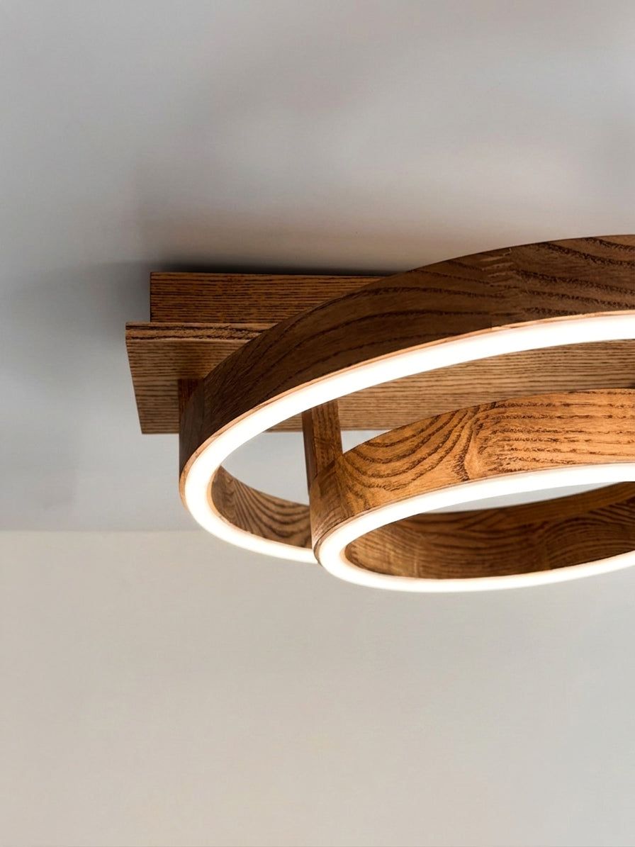 Wood LED ring ceiling light on wooden beam, flush mount — photo 5