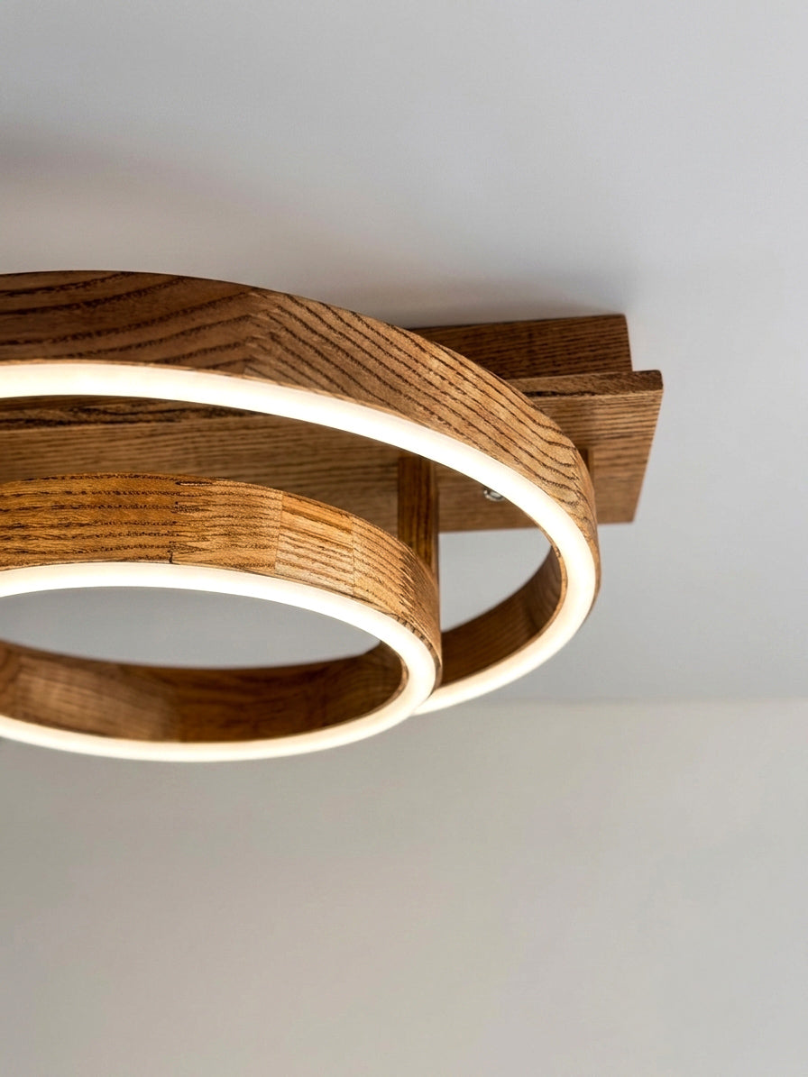 Wood LED ring ceiling light on wooden beam, flush mount — photo 4