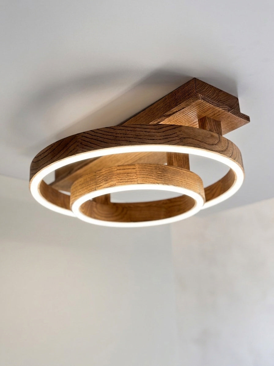 Wood LED ring ceiling light on wooden beam, flush mount — photo 3