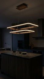 Two-tier rectangular wood LED pendant light over desk — photo 2