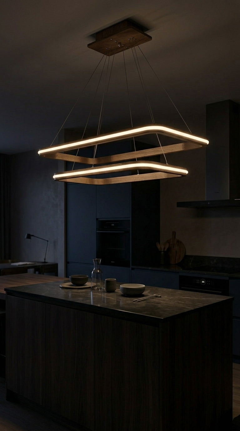 Two-tier rectangular wood LED pendant light over desk — photo 2