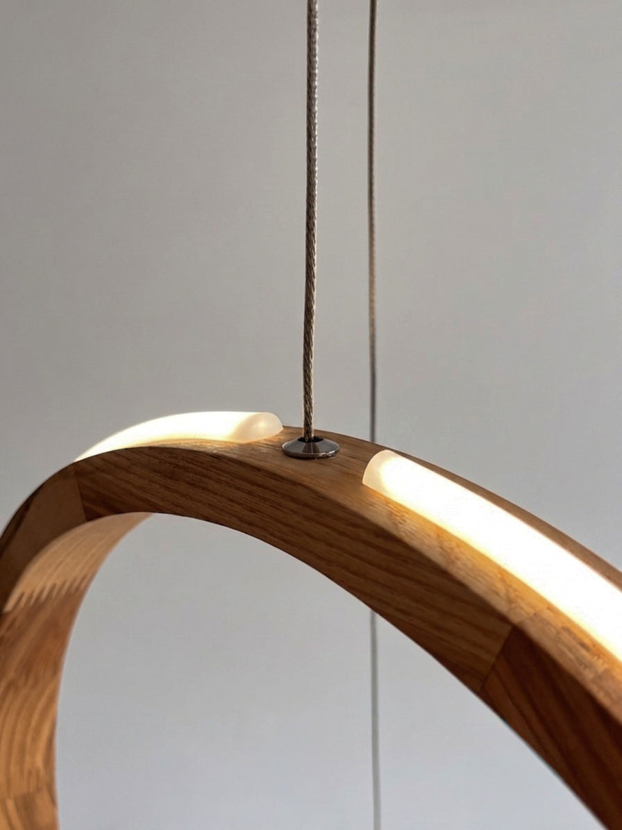 Two ring oak wood LED pendant light over kitchen island — photo 10