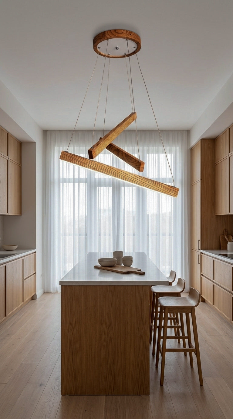 Linear two-bar wood LED pendant light over kitchen island — photo 3