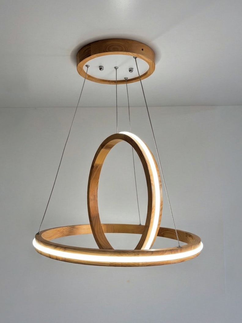 Two ring oak wood LED pendant light over kitchen island — photo 12
