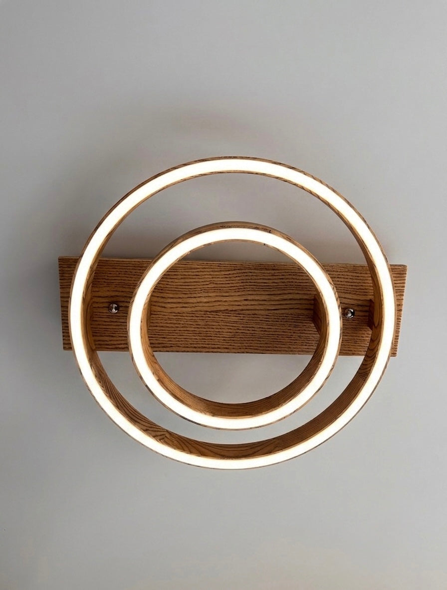 Wood LED ring ceiling light on wooden beam, flush mount — photo 6
