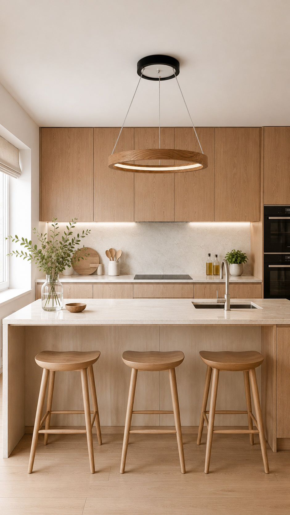 Oak ring LED pendant light with black canopy over kitchen island