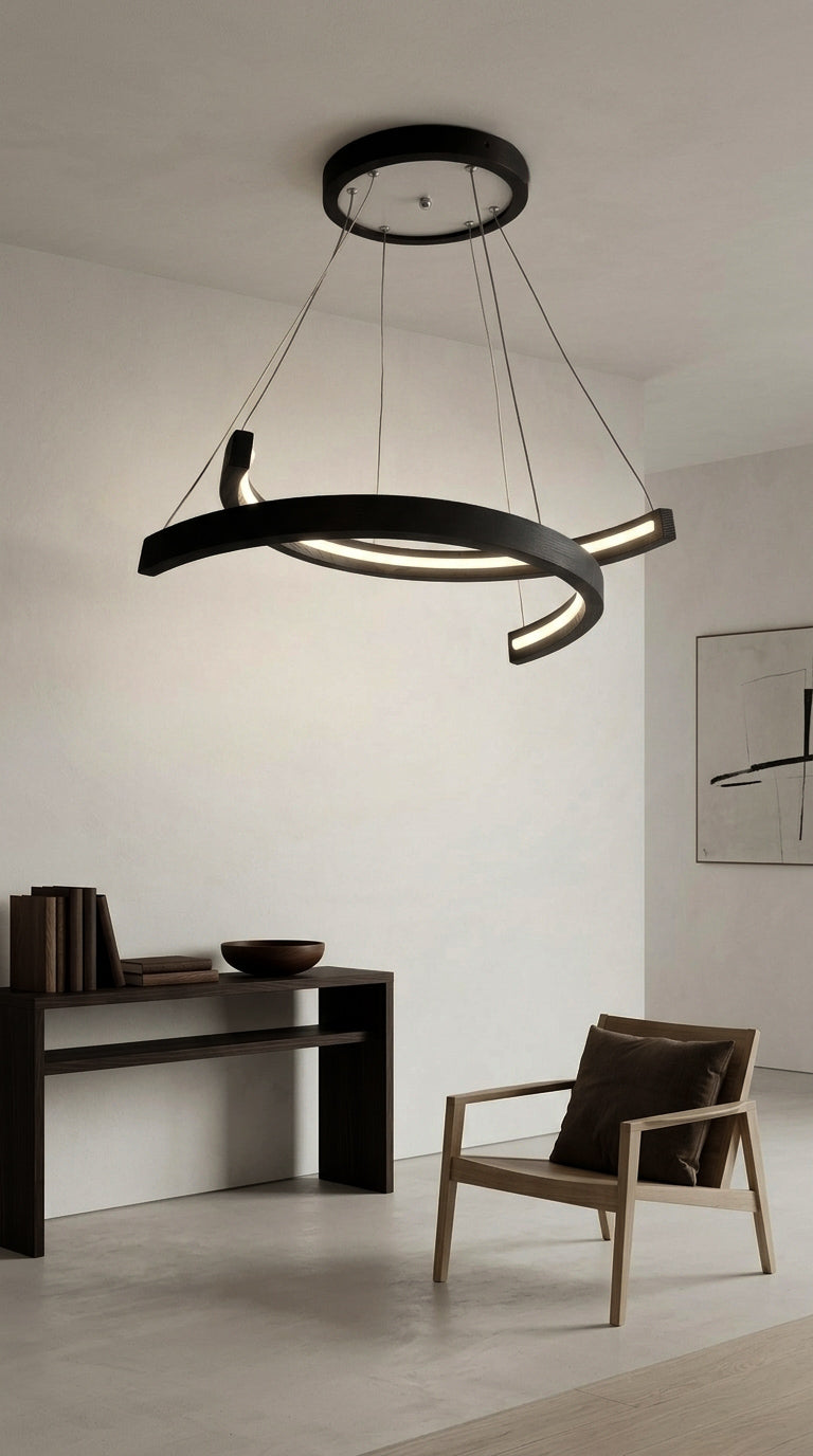 Black wood ring LED pendant light over dining table — photo 8