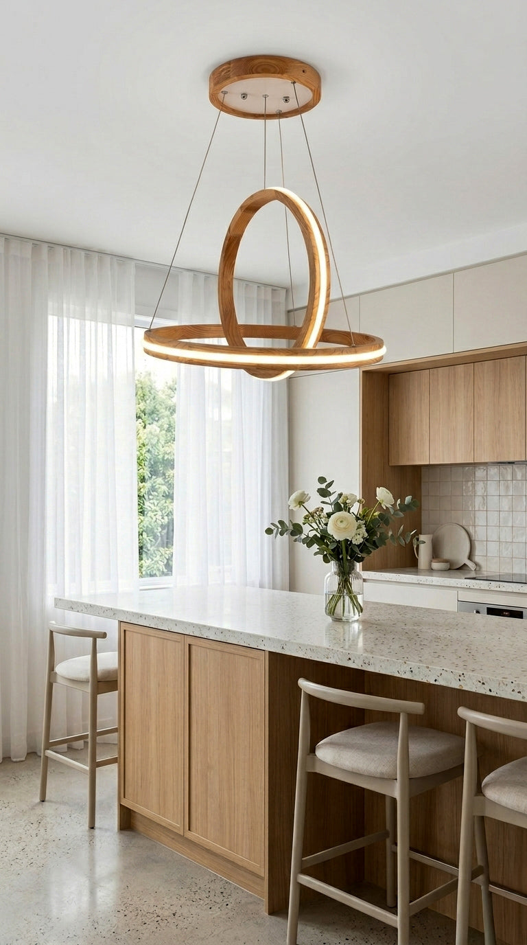 Two ring oak wood LED pendant light over kitchen island