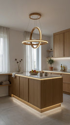Two ring oak wood LED pendant light over kitchen island — photo 4