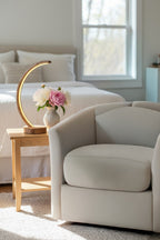 Arc wood LED table lamp with touch dimmer on bedside table — photo 4