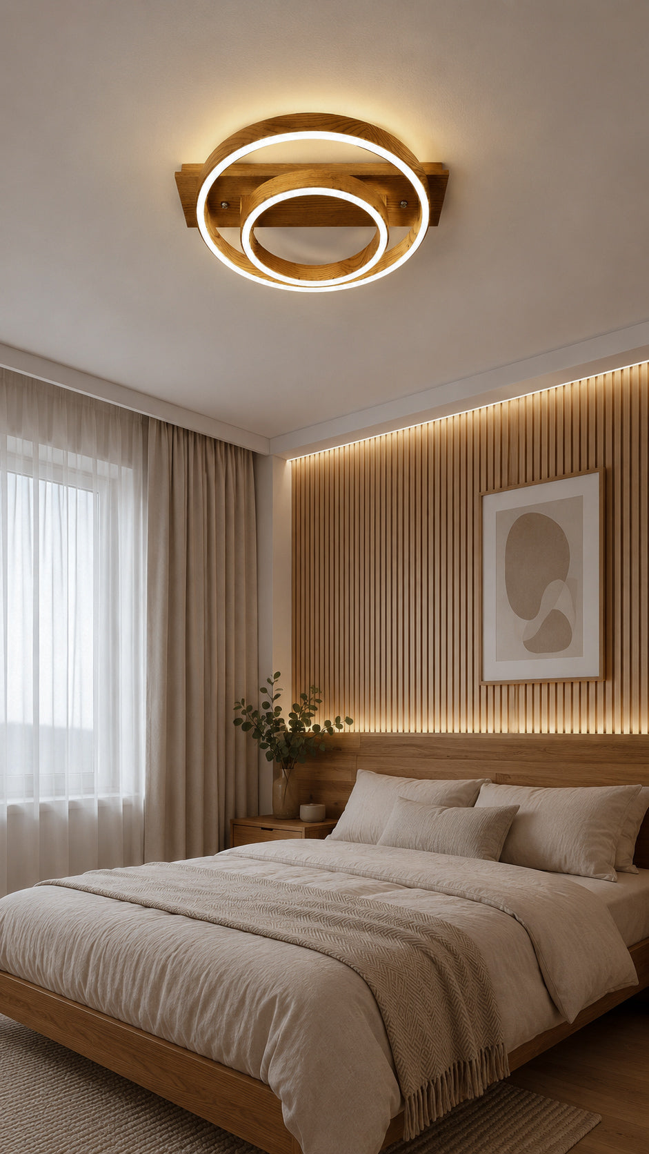 Wood LED ring ceiling light on wooden beam, flush mount — photo 8