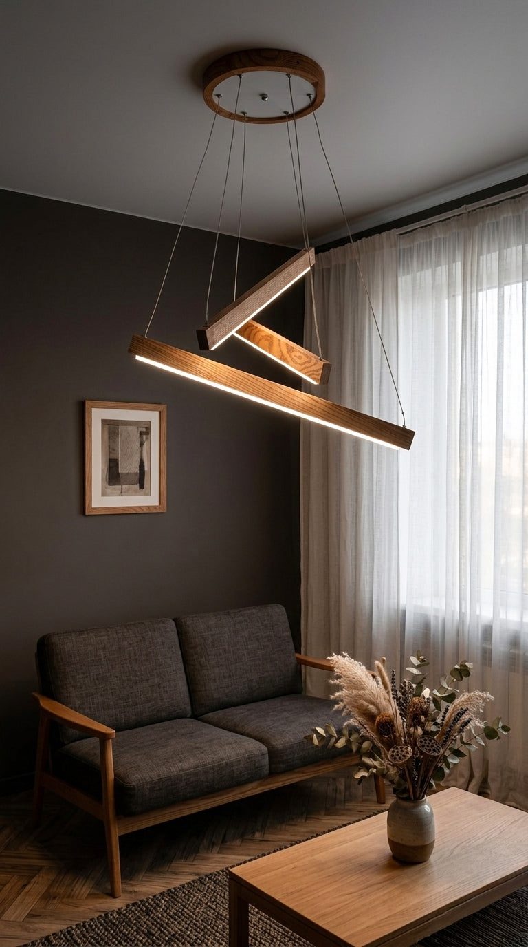 Linear two-bar wood LED pendant light over kitchen island — photo 5