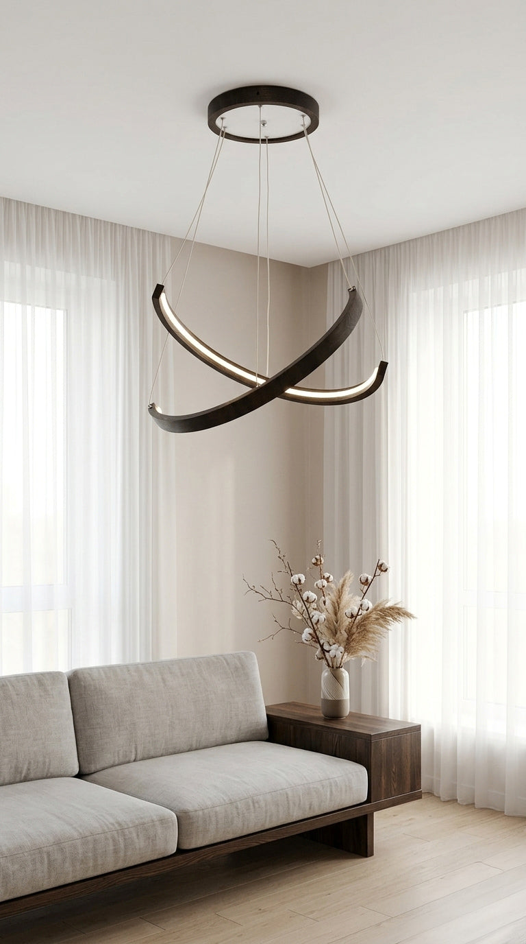 Black wood ring LED pendant light over dining table — photo 7