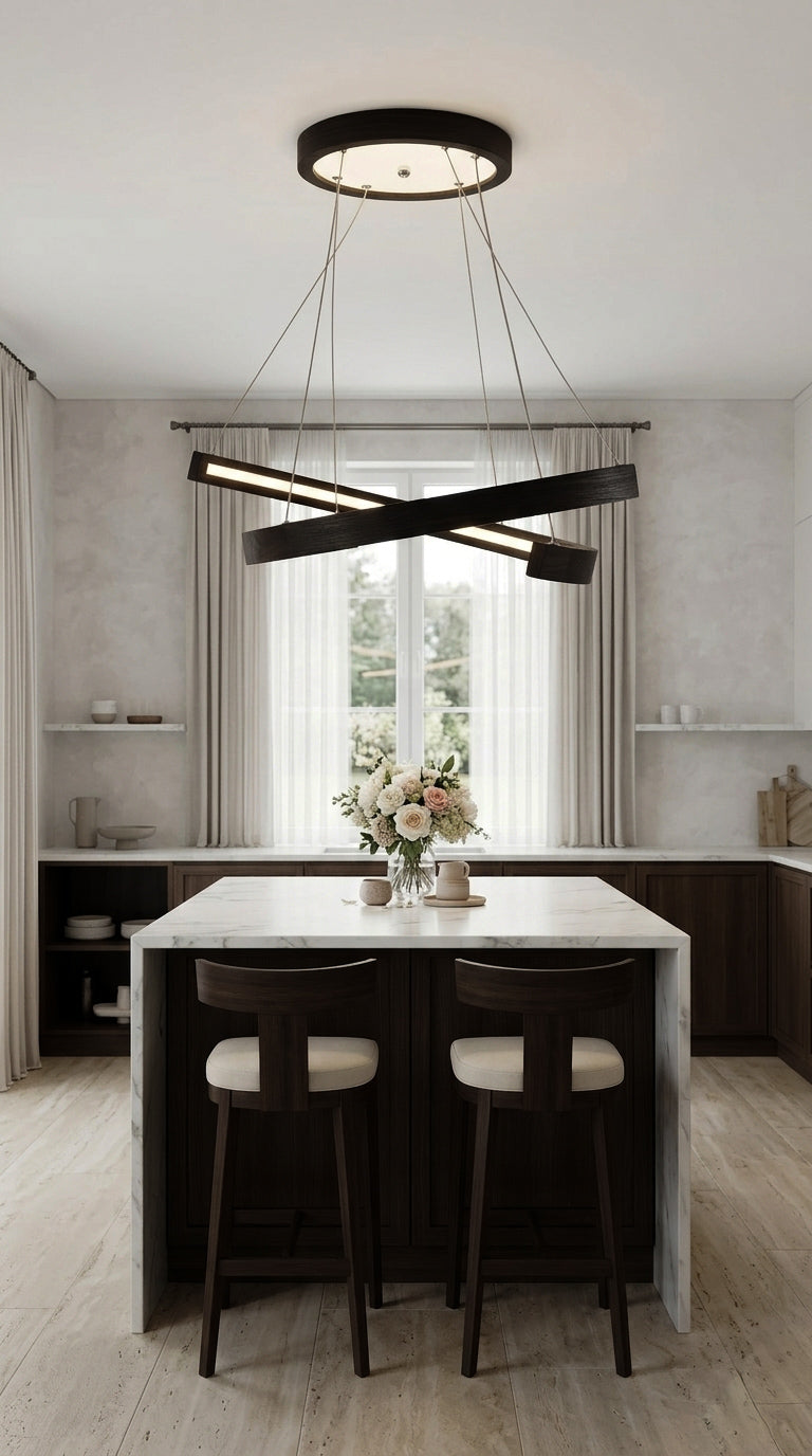 Black wood ring LED pendant light over dining table