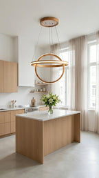 Two ring oak wood LED pendant light over kitchen island — photo 2