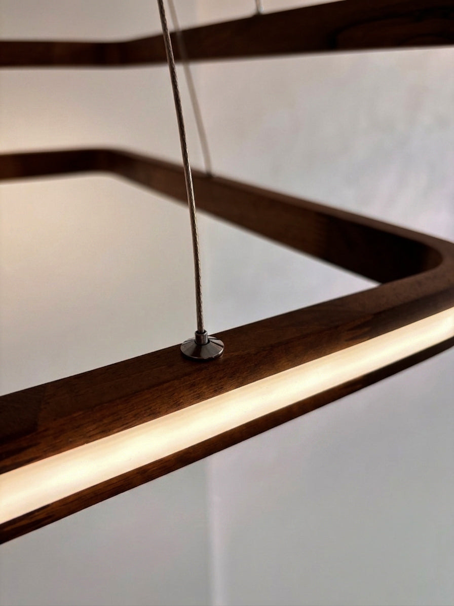 Two-tier rectangular wood LED pendant light over desk — photo 6