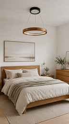 Oak ring LED pendant light with black canopy over kitchen island — photo 2