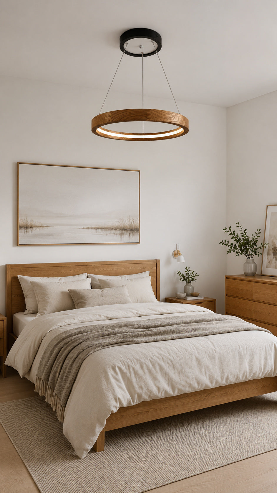 Oak ring LED pendant light with black canopy over kitchen island — photo 2
